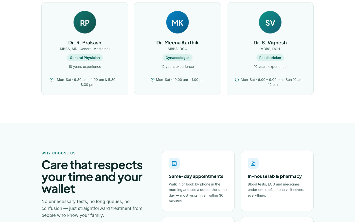 Clinic / Doctor template — mid section
