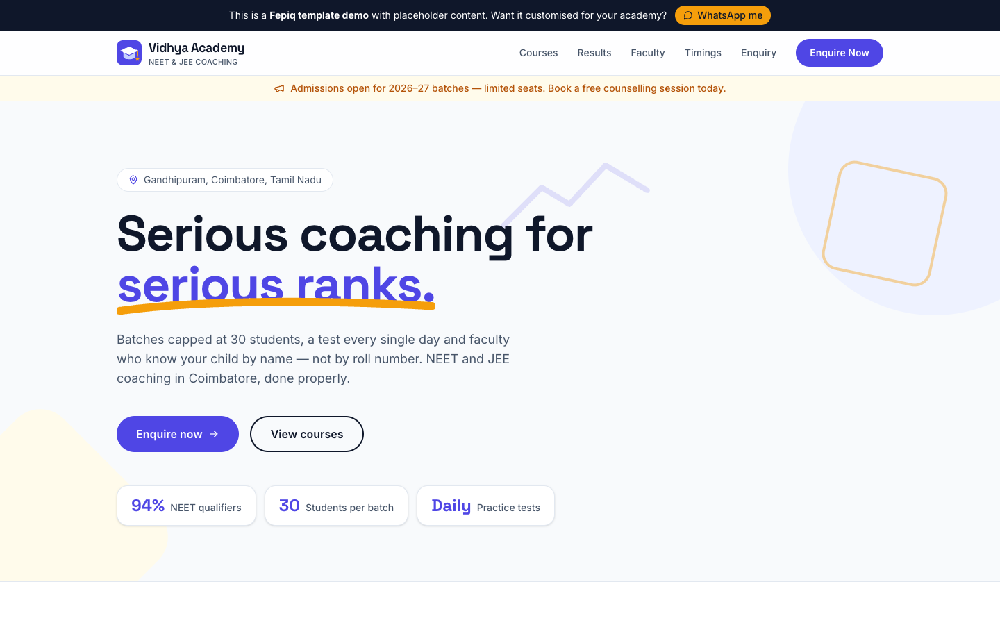 Coaching Centre / Academy template — hero section