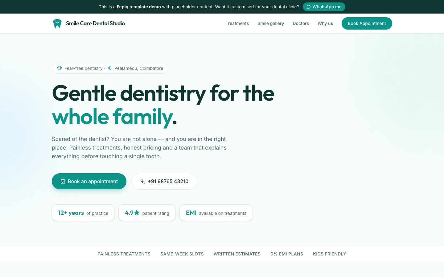 Dental Clinic template — hero section