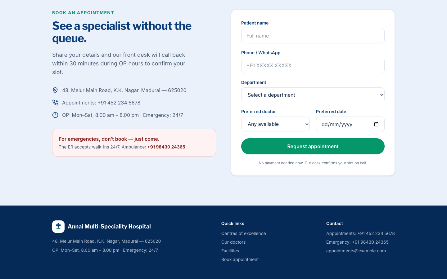 Multi-Speciality Hospital template — bottom section
