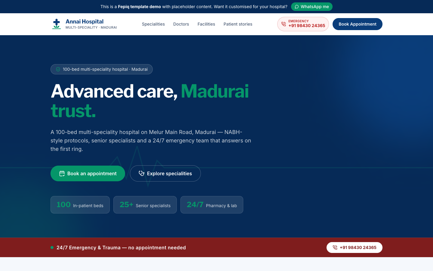 Multi-Speciality Hospital template — hero section