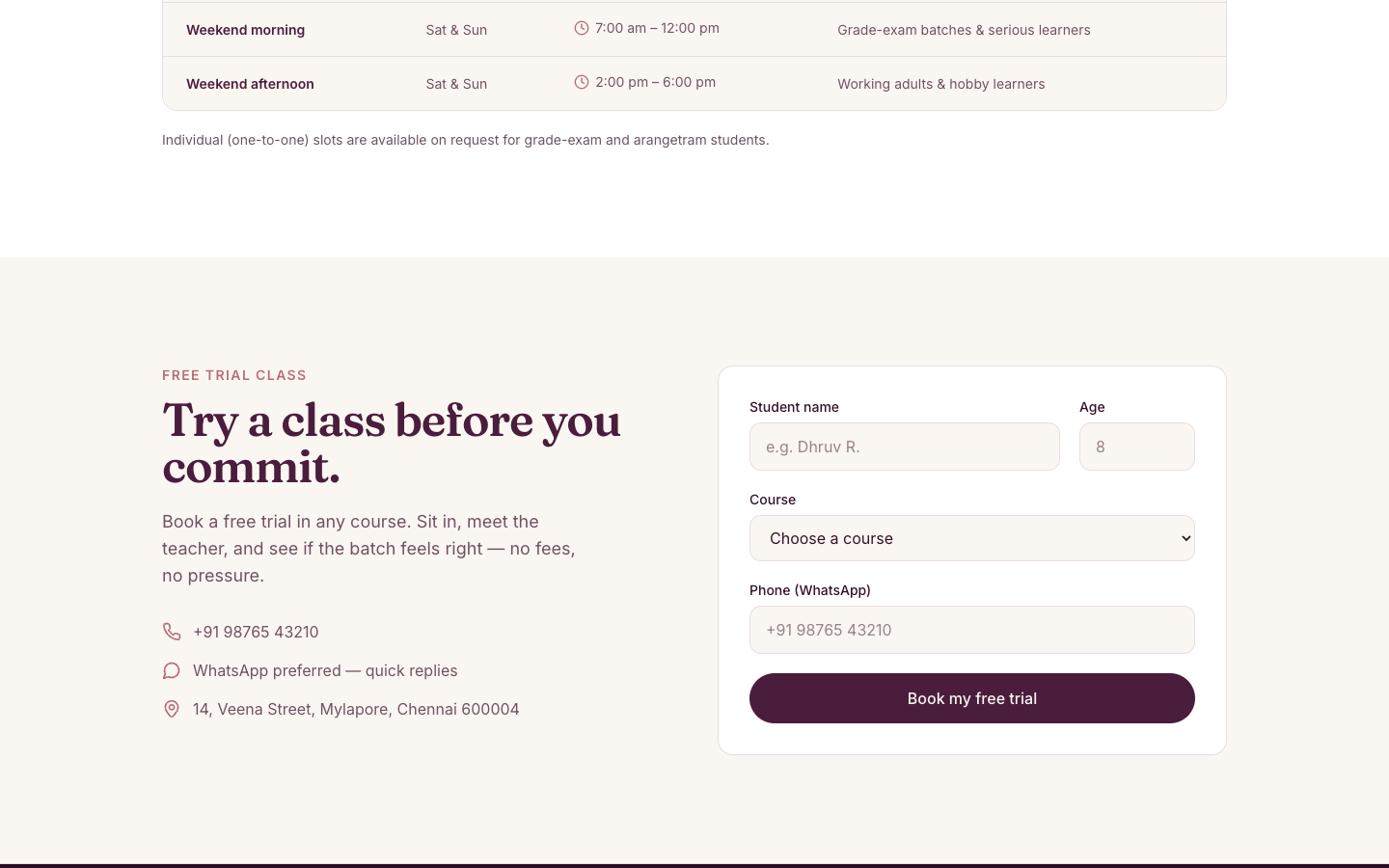 Music & Dance Academy template — bottom section