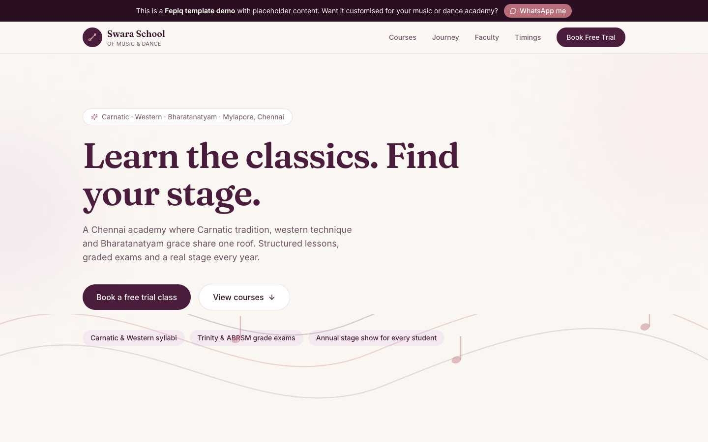 Music & Dance Academy template — hero section