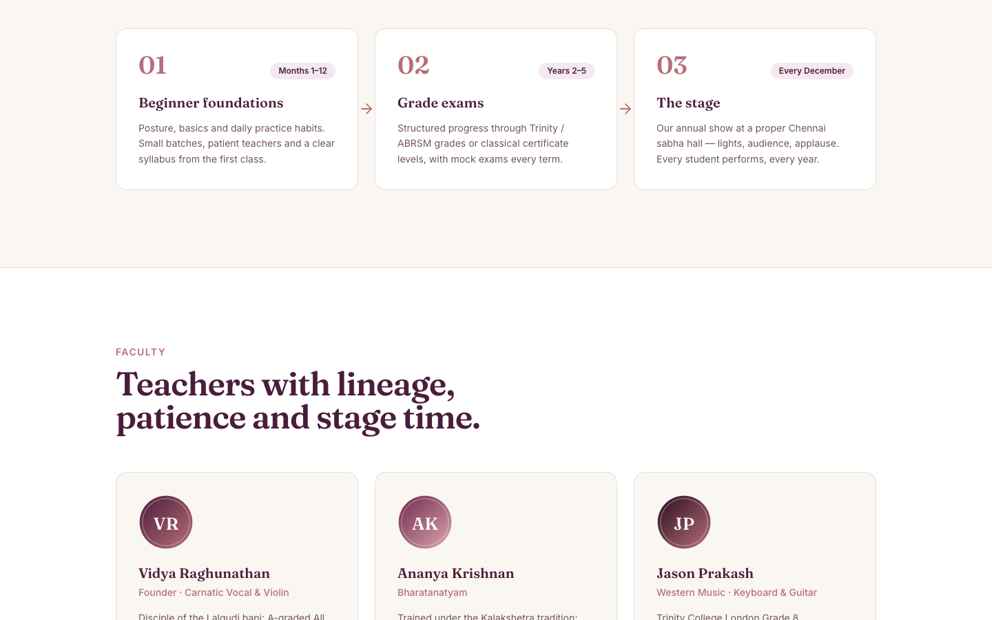Music & Dance Academy template — mid section